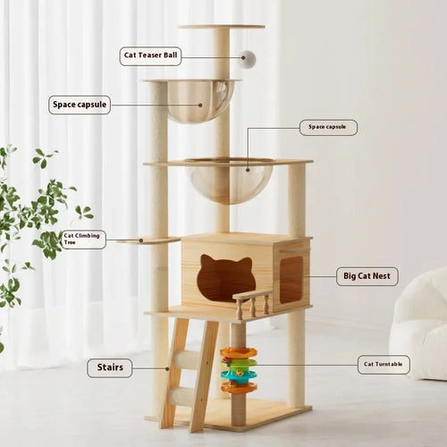 5-Level Cat Tree Villa with Transparent Nest and Scratching Board