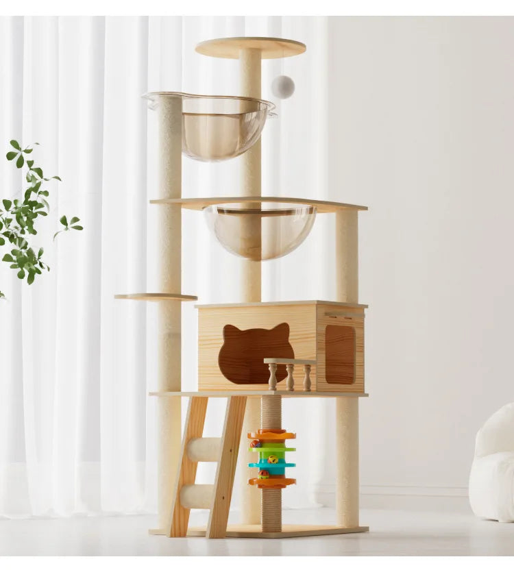 5-Level Cat Tree Villa with Transparent Nest and Scratching Board